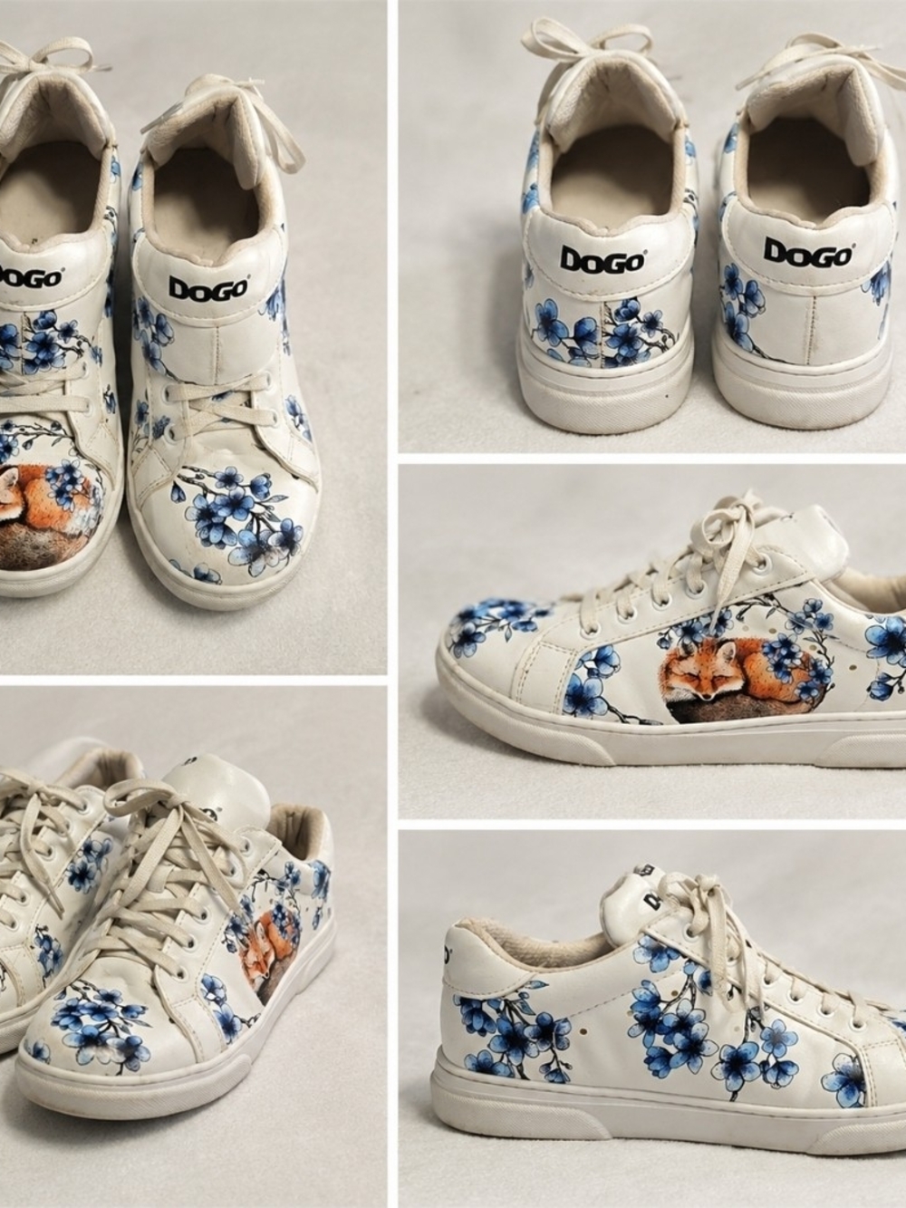 Doggo Shoes Women’s White Leather Sneakers with Blue Floral & Fox Print